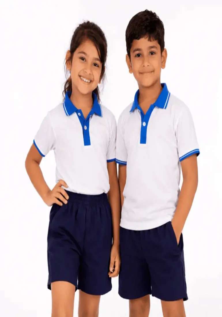  DHIRUBHAI AMBANI SCHOOL UNIFORM PE KIT — WHITE POLO WITH BLUE COLLAR AND NAVY SHORTS DHIRUBHAI AMBANI SCHOOL UNIFORM — PE KIT (WHITE POLO, NAVY SHORTS, TRACKPANTS)