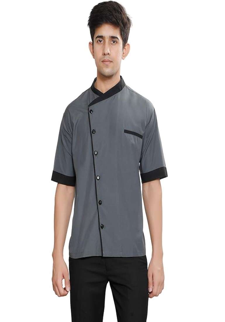 FABUNIFORMS MEN WAITER, HOTEL STAFF, CATERING UNIFORM SHIRT, CHEF STYLE SHIRT (GREY)