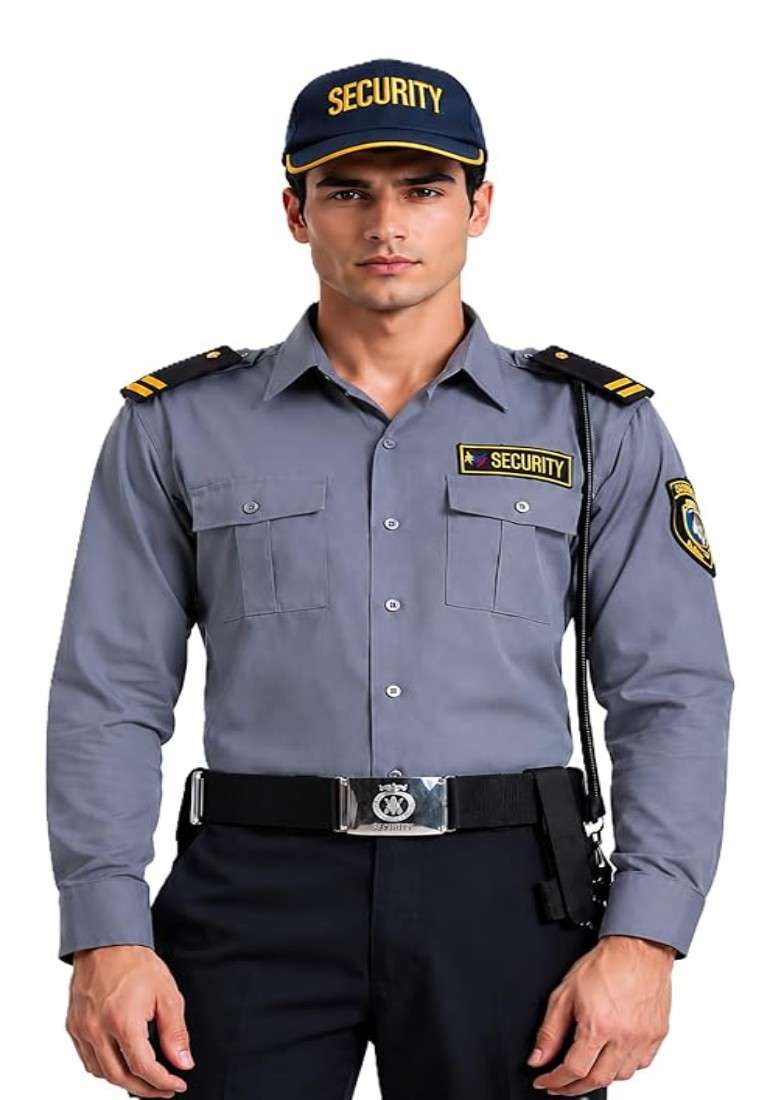  SECURITY GUARD UNIFORM SHIRT, GREY, LONG SLEEVE, WITH SECURITY BADGE PATCH AND EPAULETTES